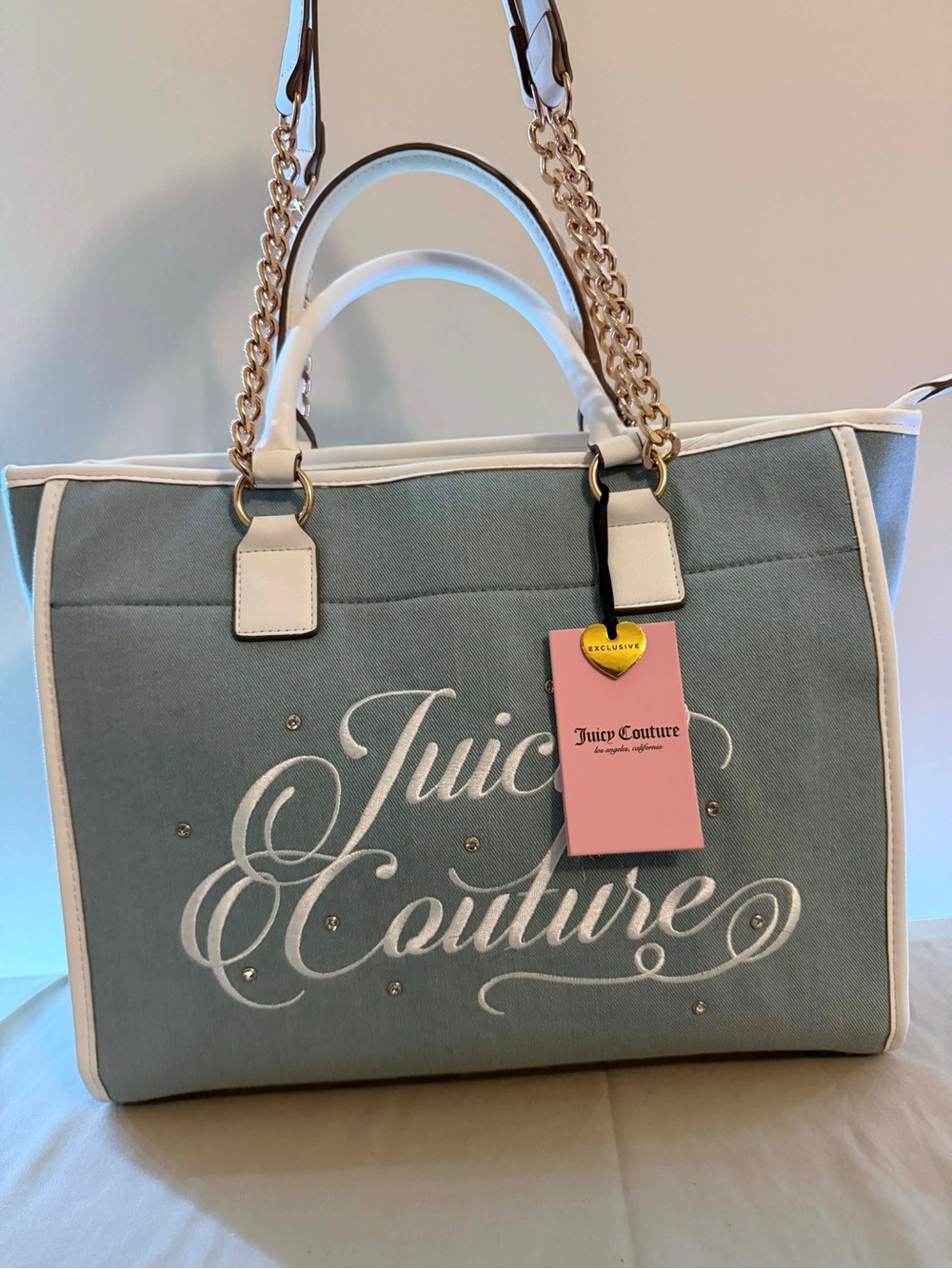 Juicy Couture Light Blue Canvas Tote with White Trim and Gold Chain Handles